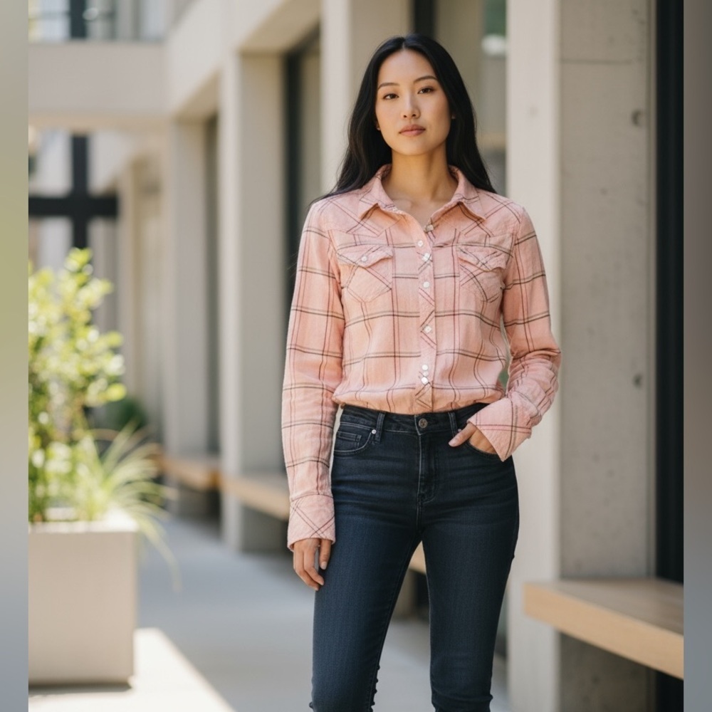 Hollister western style pink plaid button up shirt, size medium